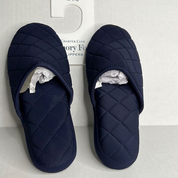 Charter Club navy blue quilted slippers size medium   7 - 8.  NWT - Picture 1 of 7